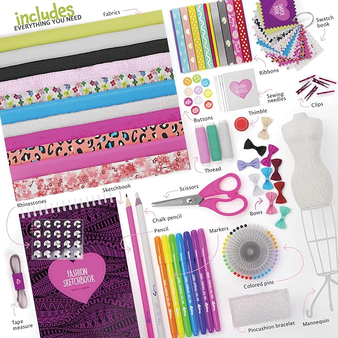 Pretty Me Fashion Design Studio - Sewing Kit for Kids - Designer Dress Girls Arts Crafts Kits Ages 8, 9, 10, 11, 12 Age - Sketch, Sew, Style - Kid Art Projects Gift - Girl Craft Activities Gifts