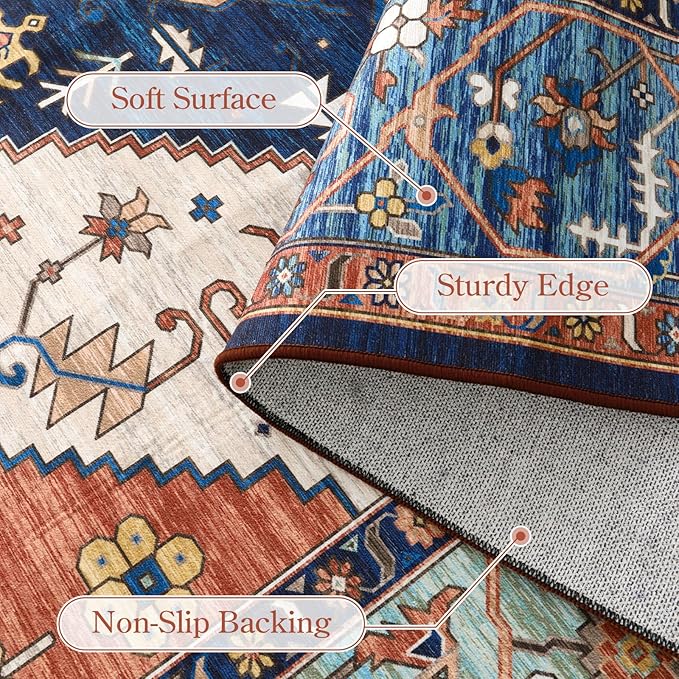 Lahome Oriental Washable Rug 6x9, Non-Slip Ultra-Thin Living Room Area Rug, Stain Resistant Vintage Carpet for Bedroom Dining Room Office