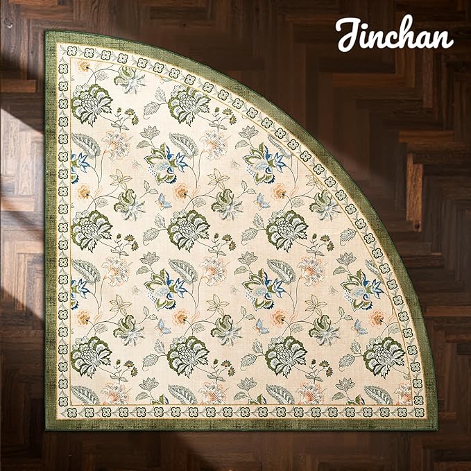 jinchan Floral Corner Rug for Entryway Washable Kitchen Rug Vintage Romance Design Non Slip Quarter Circle Lightweight Low-Pile Throw Carpet for Playroom Reading Nook Nursery, 4ft Radius, Green/Beige