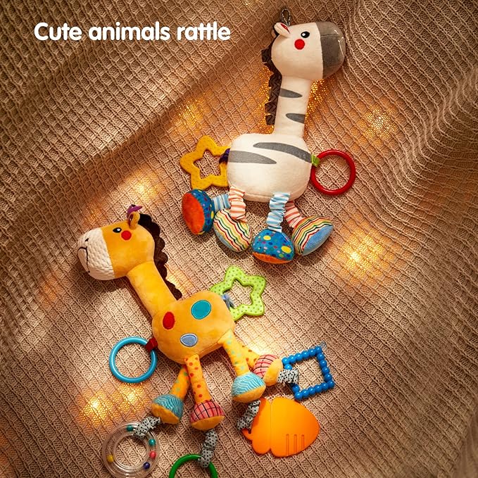 TUMAMA Hanging Toys, 16 inch Plush Animals Baby Rattle, Car Seat Stroller Toys, 2 Pack, Newborn - 12 Months, 2 x Plush Animal Hanging Toys (Giraffe, Zebra), Rings, Built-in Rattles and Crinkles