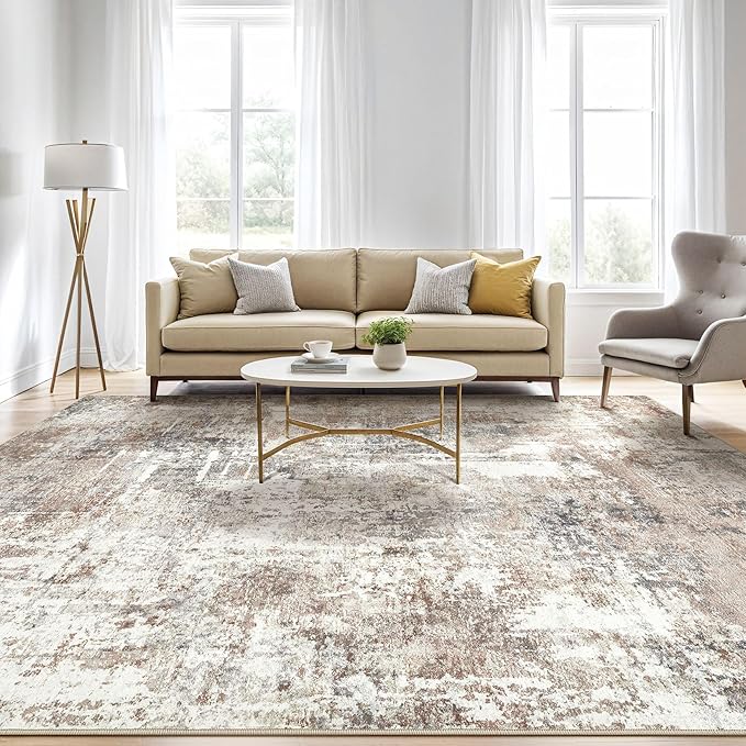 7x9 Area Rug Living Room: Machine Washable Large Abstract Modern Soft Rugs Stain Resistant Indoor Floor Non Slip Accent Carpet for Bedroom Nursery Playroom Office Dining Room Dorm Home House- Brown