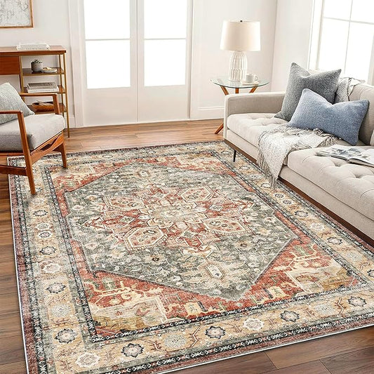Area Rug 5'x7' Red Khaki Washable Vintage Traditional Floor Cover Thin Retro Kitchen Indoor Distressed Non Slip Carpet Floral Print Area in Living Room Bedroom Dining Room