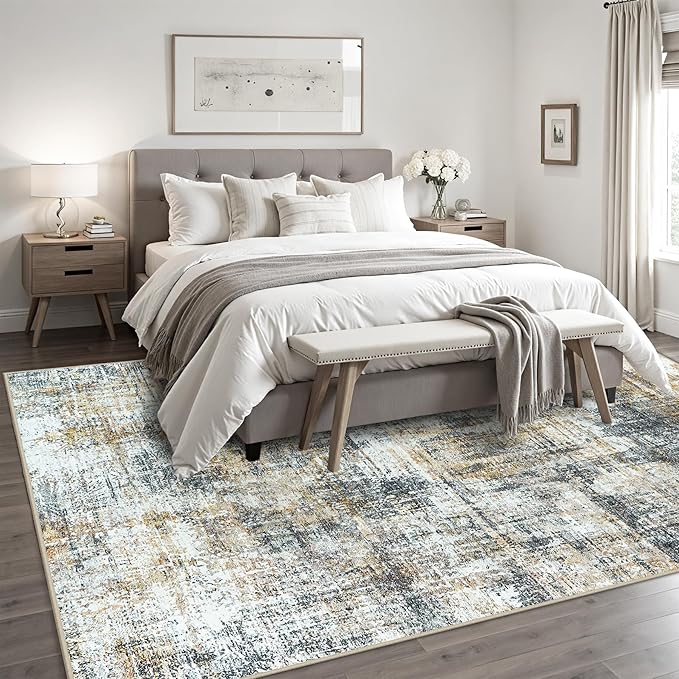 Area Rug 9x12 Washable Rugs: Abstract Large Living Room Rugs with Non-Slip Backing, Stain Resistant Indoor Floor Carpet for Bedroom Dining Room Table Nursery Hallway Home Office Brown/Gray