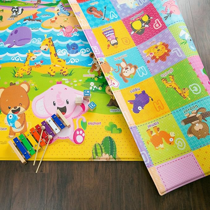 Baby Care Play Mat (Large, Playful - Pinko & Friend) 82'' x 55'' Original One-Piece Reversible Rollable Waterproof Play Mat for Infants, Babies, Toddler, and Kids