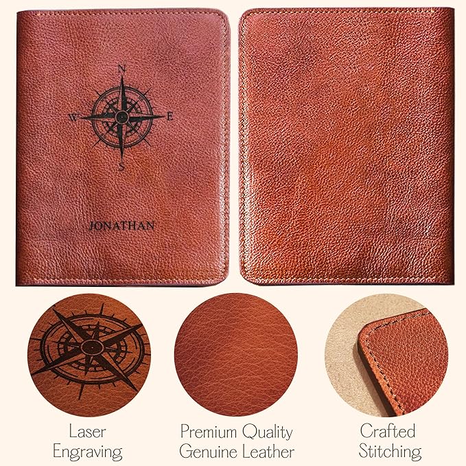 Personalized passport holder for travel- Premium genuine Leather passport Cover with Monogram, Name, Date, and Photo - Made in USA customized gifts for Women, Men, and family