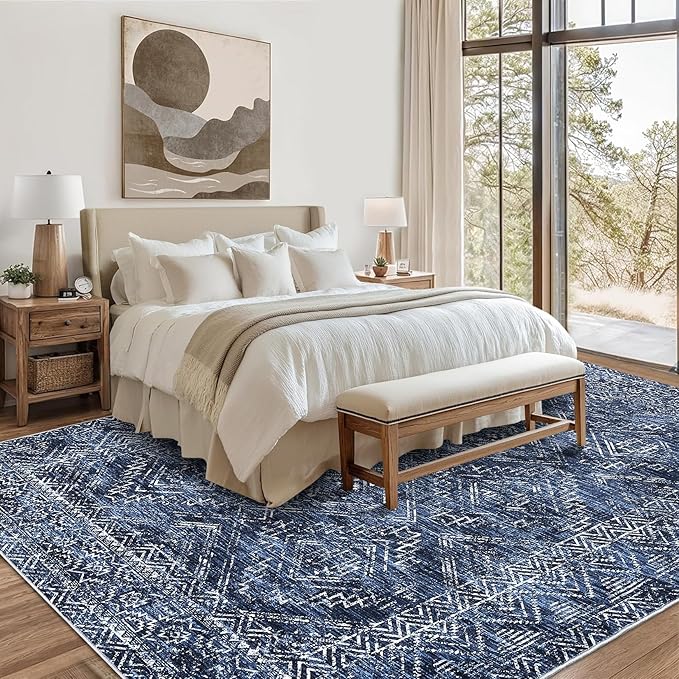 COZYLOOM 4x6 Area Rug for Living Room Bedroom Playroom Nursery Vintage Non Slip Low Pile Rug Soft Throw Floor Cover Geometric Tribal Foldable Indoor Carpet, Blue