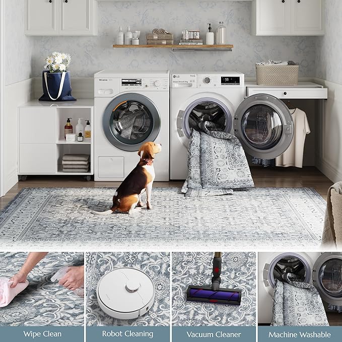 jinchan Hallway Runner Rug 3x7 - Machine Washable Grey Vintage Floral Distressed Design Soft Non-Slip Low-Pile Ultra-Thin Runner Rug for Kitchen Laundry Room Bedroom Farmhouse (3‘x8',Grey)