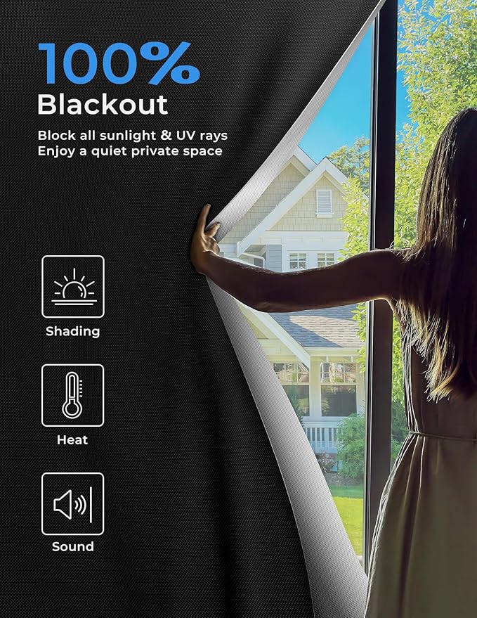 Sumobaby Blackout Curtains for Bedroom Portable 34"x75",No Drill Blackout Shades with Upgraded Hook&Loop Tapes,100% Black Out Window Cover,Thermal Insulated Blinds for Bedroom,Nursery(1 Panel,Black)