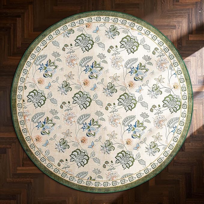jinchan 6ft Floral Round Rug for Dining Room Washable Living Room Rug Vintage Romance Design Non Slip Indoor Floor Cover Lightweight Low-Profile Throw Carpet for Bedroom Porch Patio, Green/Beige