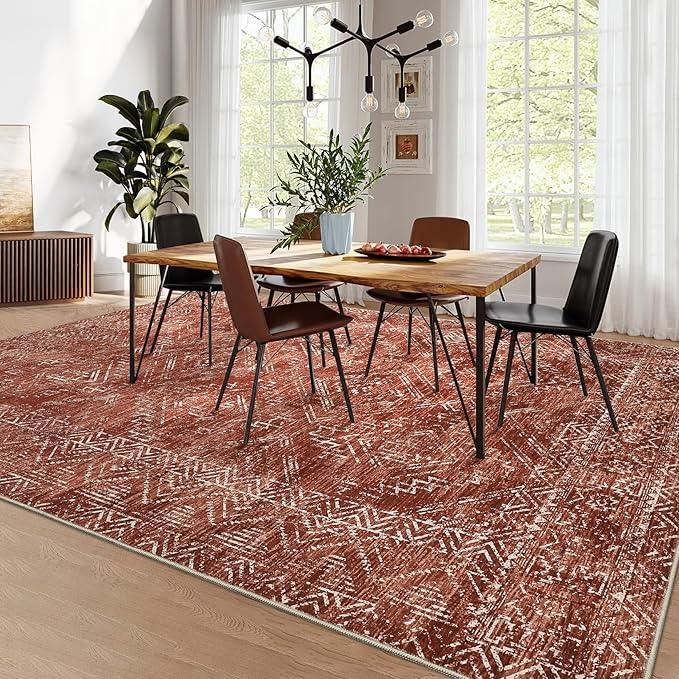 COZYLOOM Large Living Room Rugs 9x12 Machine Washable Area Rugs Modern Abstract Floor Cover Non Slip Stain Resistant Geometric Mats for Bedroom, Nursery, Office, Brick Red