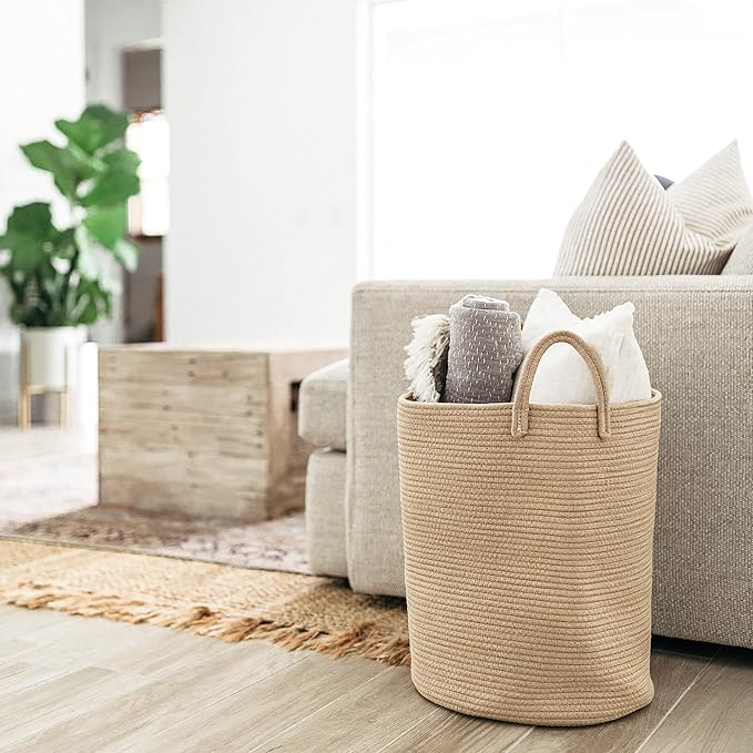 OrganiHaus Large Woven Baskets for Storage 15x18, Cotton Rope Baskets for Storage, Tall Blanket Basket for Living Room, Nursery Laundry Basket, Big Basket for Toys, Basket for Blankets, Honey