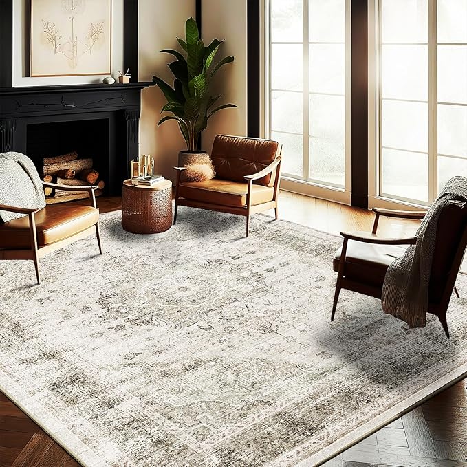 Washable Area Rug 8'x10' Retro Floral Khaki Boho Design Non-Shedding Non-Slip Easy Care Ideal for High Traffic Areas in Living Room Bedroom Office Coffee Table Kitchen Large Carpet