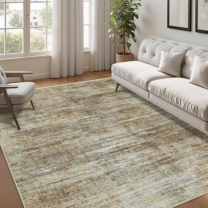 Area Rug 5x7 Living Room Rugs: Abstract Large Washable Rugs with Non-Slip Backing, Thin Carpet for Dining Room Table Bedroom Nursery Indoor Home Office-Brown