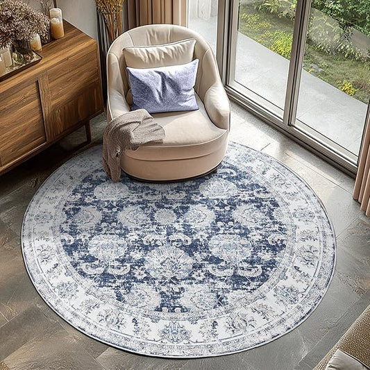 jinchan Round Rug 5ft Area Rugs Vintage Floral Distressed Design - Machine Washable Non-Slip Low-Pile Ultra-Thin Circle Rug for Entryway Bedside Living Room Dining Room Bedroom (5' Round,Dark Blue)
