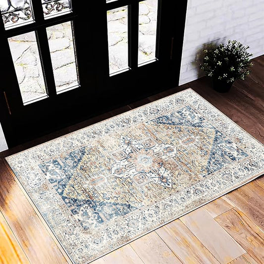 Area Rug 2x3 Washable Rug Door Mat Vintage Distressed Rug Doormat Indoor Entrance Traditional Thin Floral Print Non Slip Carpet for Kitchen Bathroom Bedroom Living Room