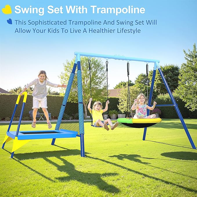 440lbs Kids Swing Set, 3-in-1 Outdoor Playground with Saucer Swing, Belt Seat & 4ft Trampoline, Heavy Duty A-Frame Metal Stand & Safety Stakes, Backyard Playset for Toddlers 3-8 Years Old