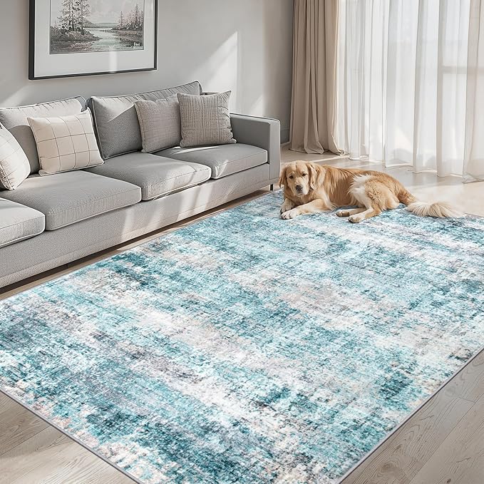 Area Rugs Living Room Rug - 4x6 Washable Modern Abstract Soft Neutral Non-Slip Carpet Large Indoor Floor Thin Carpets for Bedroom Dining Room Farmhouse Nursery Home Office Green
