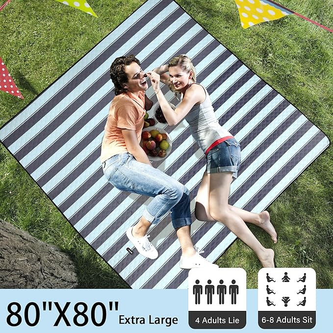 HX&OD Extra Large Picnic Outdoor Blanket, 80”x80” Waterproof Picnic Mat Foldable Camping Blanket Portable with Carry Strap for Beach Mat Outdoor Camping Party(Grey&Green)