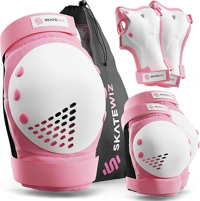 SKATEWIZ Skateboard Pads Protective Gear Set for Kids - Smash - Roller Skate Pads [6pc] - Elbow Pads Roller Derby and Knee Pads Kids Skating with Wrist Guards for Kids and Adults