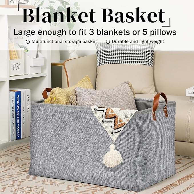 DULLEMELO Large Grey Storage Baskets 70L Oversized Dog Toy Bin Basket, Collapsible 22" X 15" X 13" Extra Large Fabric Baskets for Storage Clothes, Toys, Blankets Organizers (Grey)