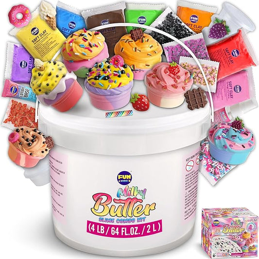4 LB Milky Butter Slime Bucket Gift for Girls, FunKidz 64 FL OZ Huge Soft White Premade Scented Slime Kit Toy with 29 Variety Add-Ins Perfect Birthday Present for Kids Age 6+