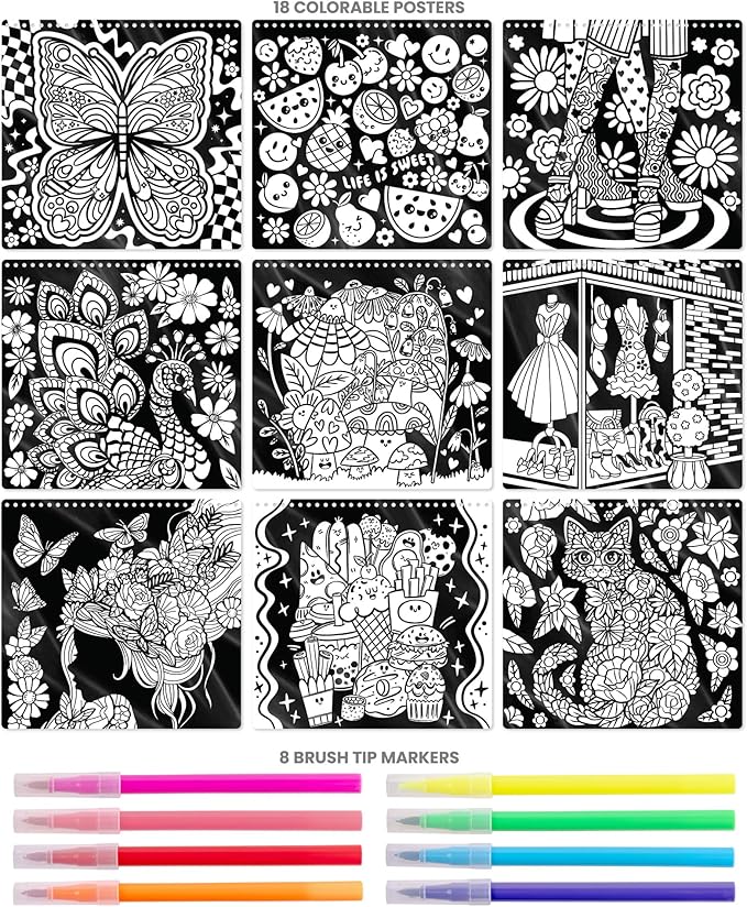 Fashion Angels Color Pop Poster Set, Includes 18 Posters & 8 Brush Tip Markers for Kids, Tweens & Teens, Perfect for Arts & Crafts, Coloring & DIY Room Decor