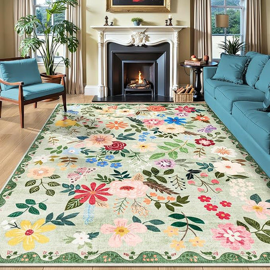 8x10 Area Rugs for Living Room: Floral Washable Rug Vintage Large Soft Boho Non-Slip Carpet Indoor Stain Resistant Low Pile Carpets for Bedroom Dining Room Farmhouse Nursery Hallway Home Office Green
