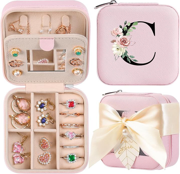 AYGXU Travel Jewelry Box for Women and Girls - Small Case With Initial A-Z - Teacher Gifts