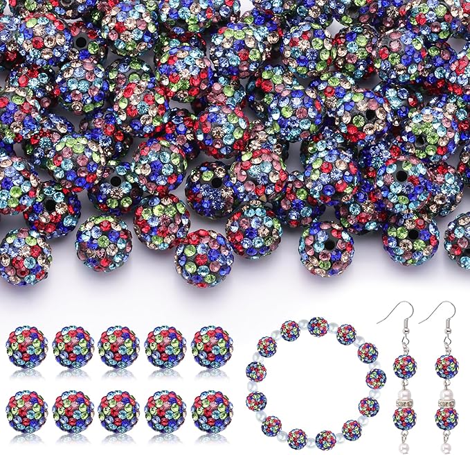 105pcs 10mm Rhinestone Beads for Jewelry Making, Black Mixed Shiny Round Disco Ball Beads Bulk, Sparkle Crystal Clay Christmas for Bracelet Baseball Necklace Earring Crafting and DIY