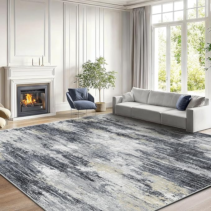 Amada 8x10 Area Rug, Modern Abstract Living Room Rug with Non-Slip Backing & Short Pile, Large Washable Rug with Abstract Pattern for Living Room, Bedroom and Dinning Room, Light Grey