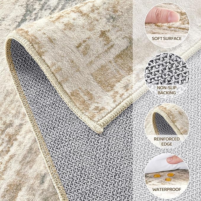 Area Rug for Living Room: 5x7 Thickened Washable Neutral Abstract Modern Soft Rugs Non Slip Indoor Floor Stain Resistant Carpet for Bedroom Dining Room Office Nursery - Golden Brown