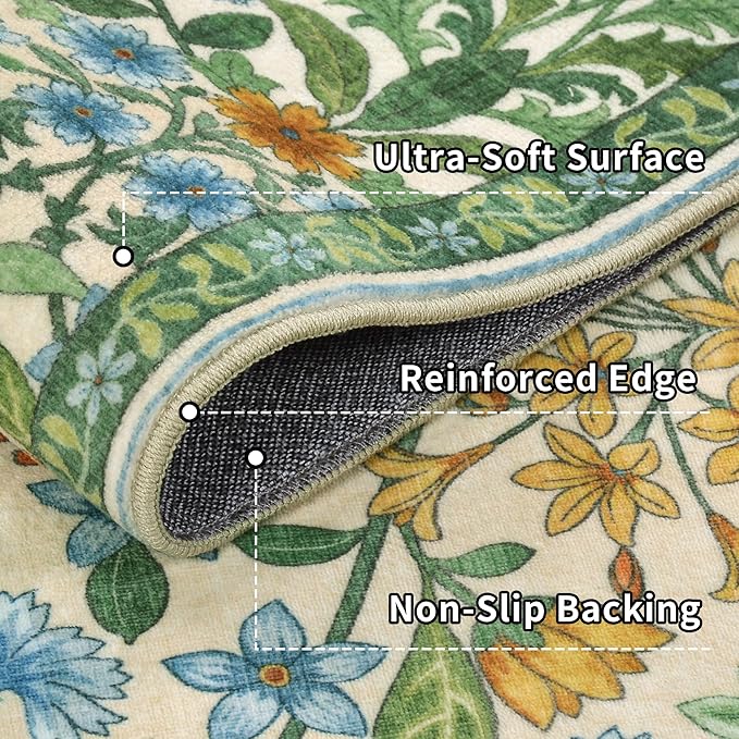 5×7 Grass Green Washable Floral Area Rug,Vintage Boho Soft Low-Pile Living Room Rugs, Stain Resistant Botanical Non-Slip Carpet for Bedroom,Dining Room, Kids Nursery,Home Decor