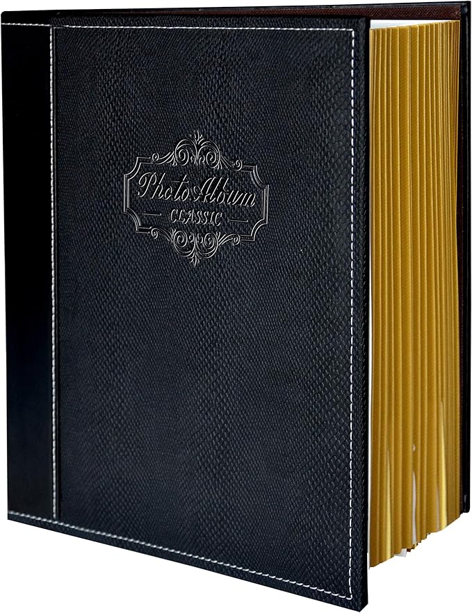 Photo Album Can Hold 3X5, 4X6, 5X7, 6X8, 8X10 Photos, Leather Cover, Magnetic Self-Stick Page, Hand Made DIY Albums (Black, Large)