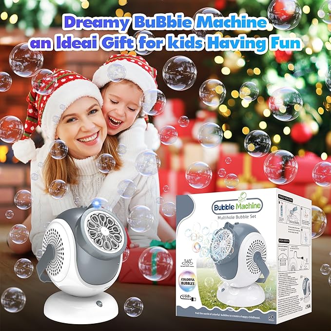 Big Bubble Machine - Automatic Bubbles Blower for Kids, Toddlers - 360° Oscillation & 75° Adjustment, Bubble Toys with LED Light - Gifts for Boys, Girls, Easter, Outdoor, Birthday, Party Use