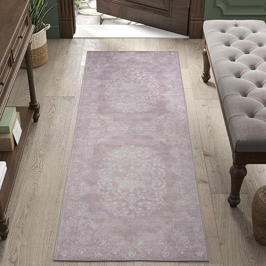jinchan Vintage Floral Runner Rug 2x7 - Machine Washable Distressed Design Non-Slip Low-Pile Soft Thin Carpet for Hallway Kitchen Farmhouse Bedroom Entryway Laundry Room (2x7ft,Orchid)