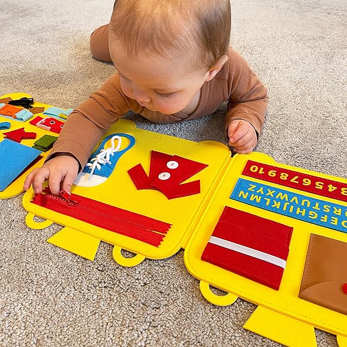 Felt Train Busy Board for Toddlers 2-4 Year Old - Montessori Busy Board with 22 Sensory Toys to Fine Motor Skills - Toddler Travel Toys
