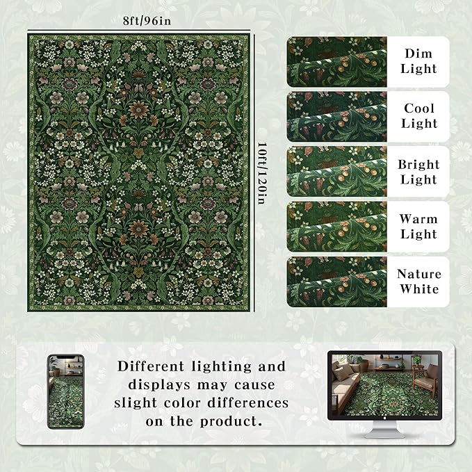 8x10 Washable Area Rug for Living Room, Large Vintage Dark Green Floral Rugs, Soft Non-Slip Stain Resistant Boho Lightweight Carpet for Bedroom Dining Room Nursery Home Office