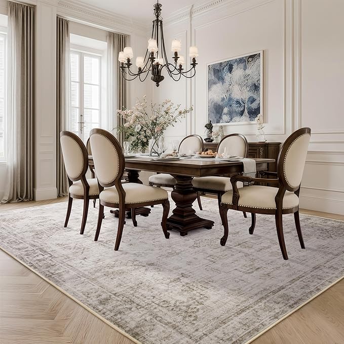 6x9 Washable Area Rug for Living Room, Non-Slip Distressed Rugs for Bedroom Dinning Room, Ultra-Thin Indoor Non-Shedding Vintage Print Carpet for Farmhouse, Home Office, Dorm Light Taupe/Cream