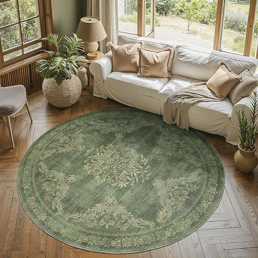 jinchan Round Rug 6ft Area Rugs Vintage Floral Distressed Design,Machine Washable Soft Non-Slip Low-Pile Ultra-Thin Circle Rug for Bedside Living Room Dining Room Bedroom (6' Round, Dark Green)
