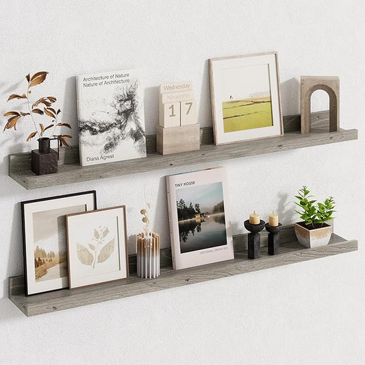 Fun Memories Picture Ledge Shelf, 36 Inch Floating Shelves for Wall, Nursery Bookshelf for Storage, Rustic Elm Wood Photo Ledge Shelves for Bedroom, Living Room, Kitchen (Grey, 36in Set of 2)