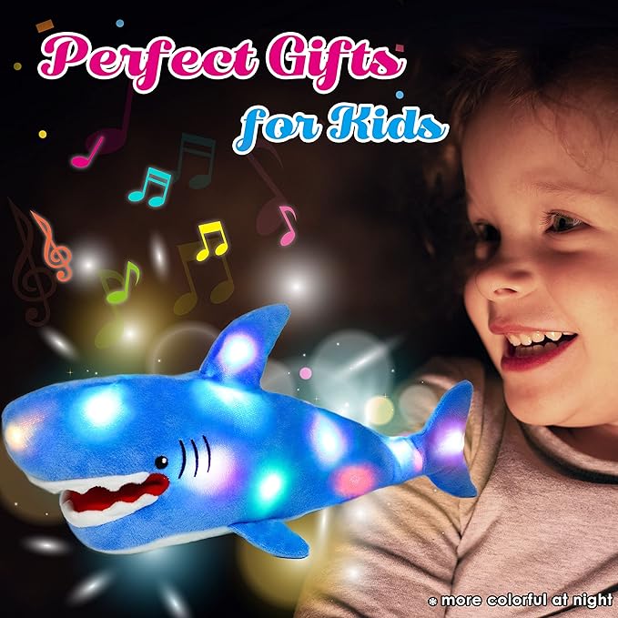 Cuteoy Light-up Singing Plush Shark LED Musical Stuffed Animal Adjustable Volume Lullaby Plushies Birthday Christmas Toy Gifts for Kids Toddler Girls, 13"