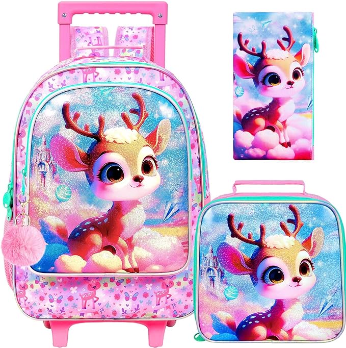 Girls Rolling Backpack, Cute Deer Roller Wheels Kids Bookbag - Wheeled Elementary School Bag - 3PCS Deer