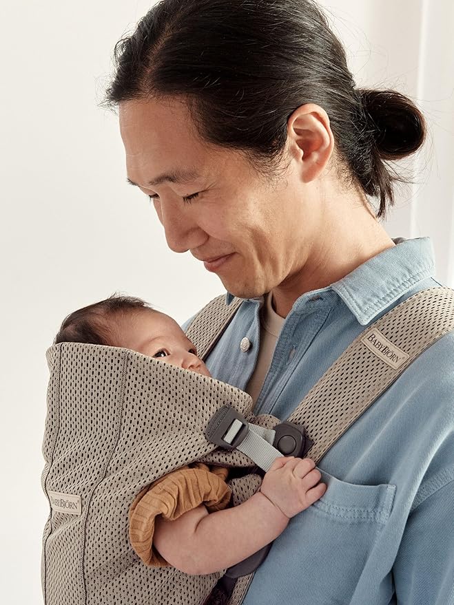 BabyBjörn Baby Carrier Mini, Gray Beige, 3D Mesh Newborn Carrier (7-25 lbs), Ergonomic, Easy-to-Use