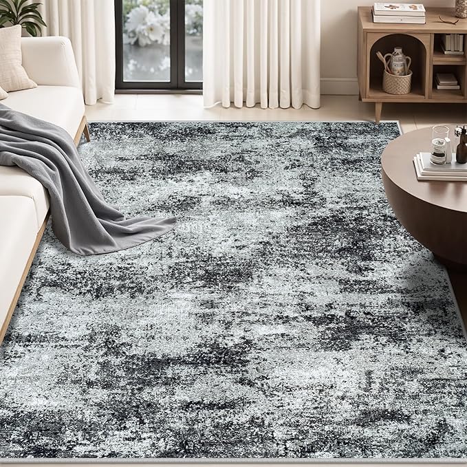 Washable Rug 6x9 Area Rugs: Abstract Washable Rugs with Non-Slip Backing, Stain Resistant Indoor Floor Carpet for Bedroom Dining Room Table Nursery Hallway Home Office Dark Black/Gray