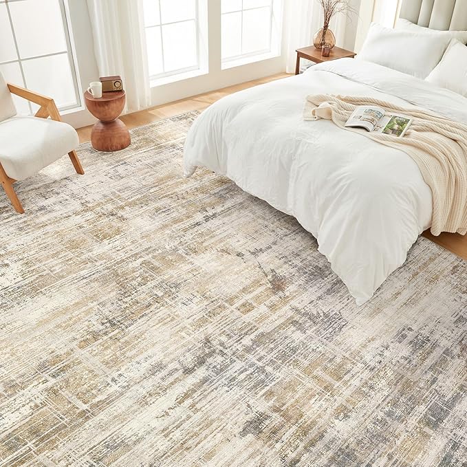 Area Rug for Living Room: 6x9 Washable Neutral Abstract Modern Soft Rugs Non Slip Indoor Floor Stain Resistant Large Carpet for Bedroom Dining Room Office Nursery - Golden Brown