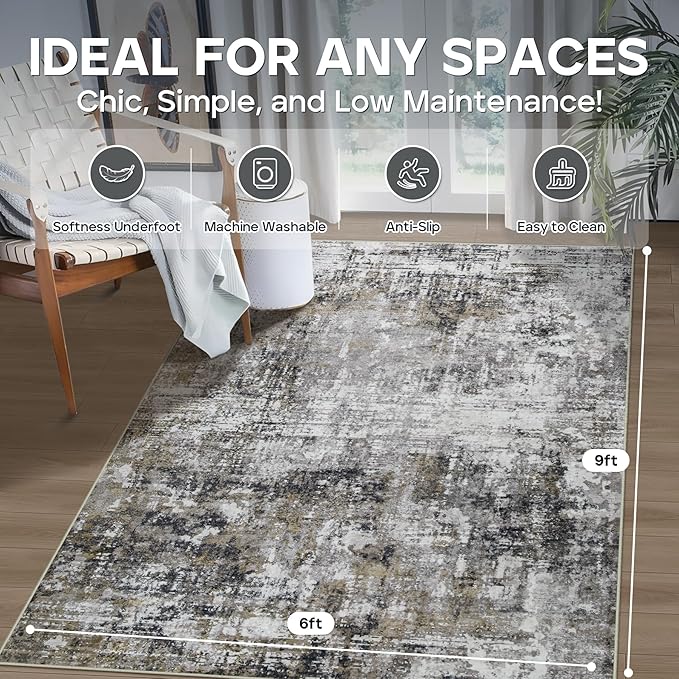 6x9 Area Rugs for Living Room Rug Washable: Modern Rug for Dining Room Bedroom Carpet Non Slip Low Pile 6 by 9 Indoor Abstract Nursery Home Office Black Gold