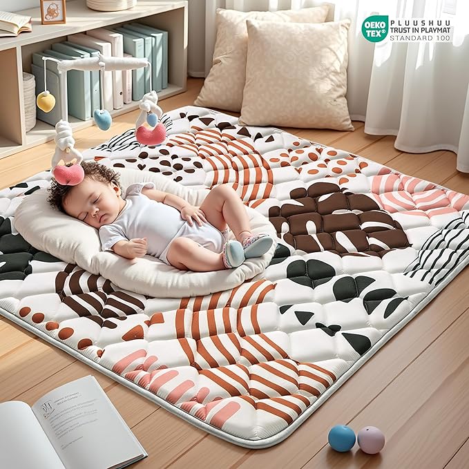 Baby Play Mats for Floor, 50x50 Playpen Mat for Babies, Extra Thicker & Soft Floor Crawling Mat, Foldable Non-Slip Playmat for Infants Toddlers, Boho Leaf Dark Brown