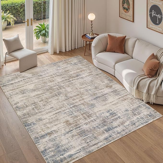 Area Rug for Living Room: 6x9 Washable Neutral Abstract Modern Soft Rugs Non Slip Indoor Floor Stain Resistant Large Carpet for Bedroom Dining Room Office Nursery - Brown