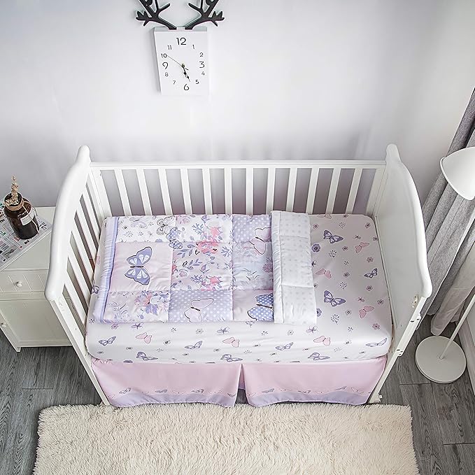 La Premura 3-Piece Purple Butterfly Baby Crib Bedding Set for Girls, Lilac Standard Size Crib Set for Baby Girl, Comforter, Fitted Sheet, and Dust Ruffle Skirt, Baby Nursery Floral Design for Girls