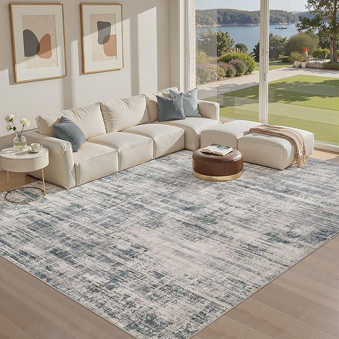 Area Rug for Living Room: 10x14 Washable Neutral Abstract Modern Soft Rugs Non Slip Indoor Floor Stain Resistant Large Carpet for Bedroom Dining Room Office Nursery - Gray